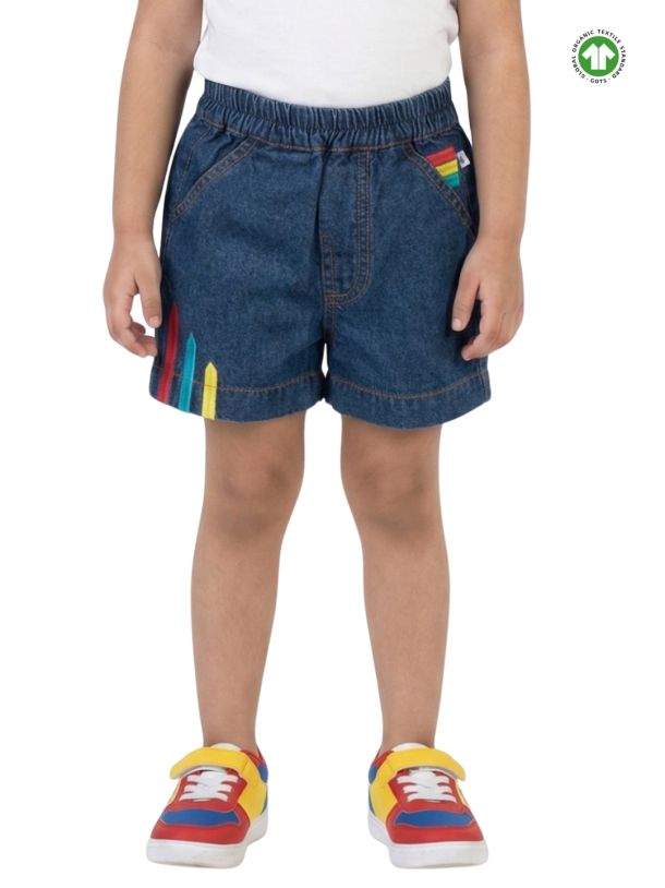 Pranava Organic Cotton Denim Three-Color Embroidered Shorts - Blue